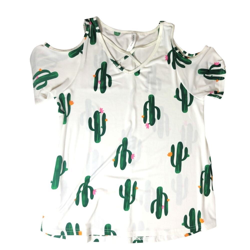 Tickled Teal Cactus Blouse Peep Shoulders Tank Short Sleeves Stretchy Womens L